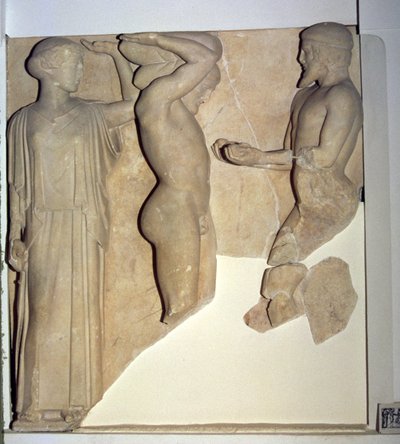 Metope X from the Temple of Zeus Depicting Hercules Receiving the Golden Apples of the Hesperides from the Hand of Atlas, while Minerva Rests a Cushion on His Head by Greek