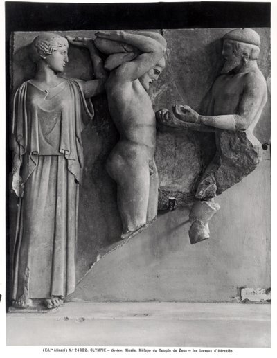 Metope X from the Temple of Zeus Depicting Hercules Receiving the Golden Apples of the Hesperides from the Hand of Atlas, While Minerva Rests a Cushion on His Head by Greek