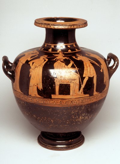 Painting on Vase: Representation of Jupiter (Zeus) Truncating in the Center. Above Her Head Appears Athena, Every Army (Birth of Athena). Facing Zeus, is Hephaistos. 470 BC. BNF, Cabinet des Medailles by Greek