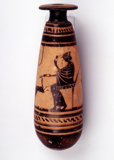 Painting on vase: alabaster used to contain the perfume: one face depicts a woman playing with a doe and holding a flower. Her basket to hold the wool is behind her. 500 BC. BNF, Medal Office by Greek