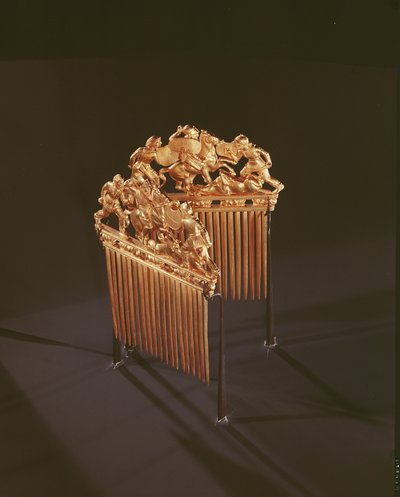 Combs ornamented with warriors in combat, five crouching lions below by Greek School