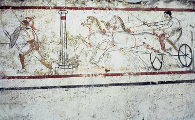 Lucanian fresco tomb painting depicting a gladiator and a man on a chariot, Paestum 350-330 BC by Greek School