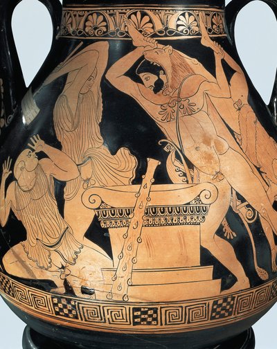 Attic pelike depicting Heracles killing king Busiris and Egyptian priests by Greek School