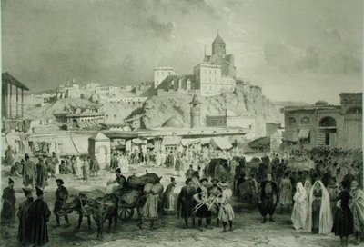 The Bazaar in Maidan Square, Tiflis, Georgia, plate 25 from a book on the Caucasus, engraved by Adolphe Jean-Baptiste Bayot and Eugene Ciceri, published by Alfred Leon Lemercier, Paris by Grigori Grigorevich (after) Gagarin