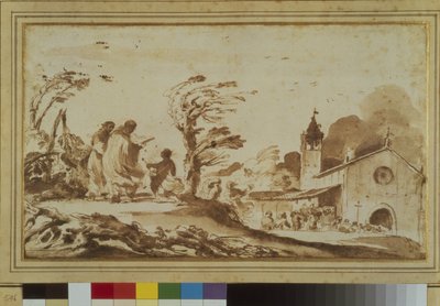 Landscape with figures by a church by Guercino