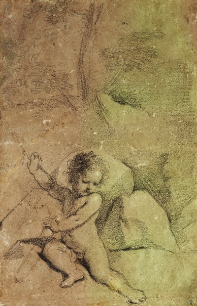 Cupid drawing an Arrow from a Quiver, in a Landscape by Guercino