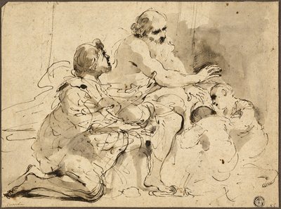 Study for Jacob Blessing the Sons of Joseph (recto); Sketches: Saint Christopher; Two Figures in Conversation over Money (verso) by Guercino