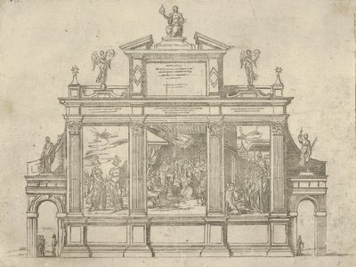 Facade of a triumphal monument with three scenes depicting deeds of Pope Clement VIII, a temporary decoration for the event by Guido Reni