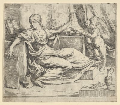 Seated Woman Holding a Tablet and Compass Allegory of Learning, a Winged Putto by Guido Reni