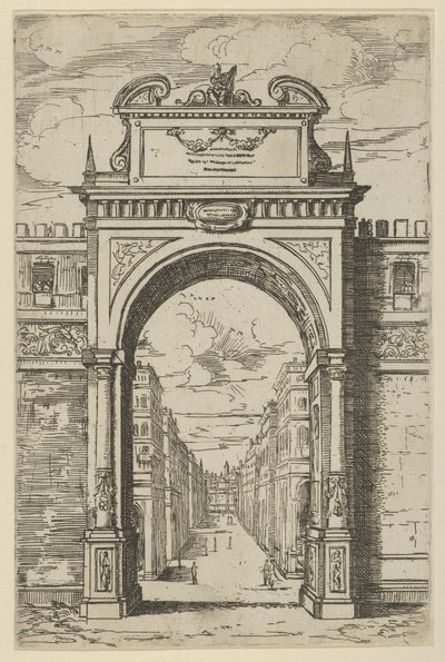 Triumphal Arch Surmounted by a Statue of Moses, Buildings Seen Through the Arch Below by Guido Reni