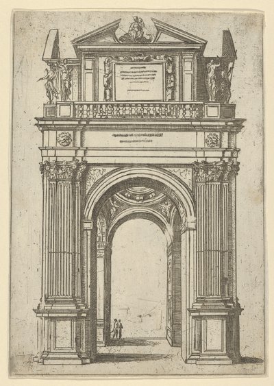 Triumphal Arch Surmounted by Woman Seated on a Dolphin, Four Standing Figures Below, a Temple by Guido Reni