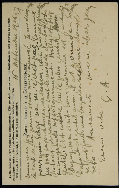 Autograph Postcard to Jean Mollet, Dated 16 September 1915 by Guillaume Apollinaire