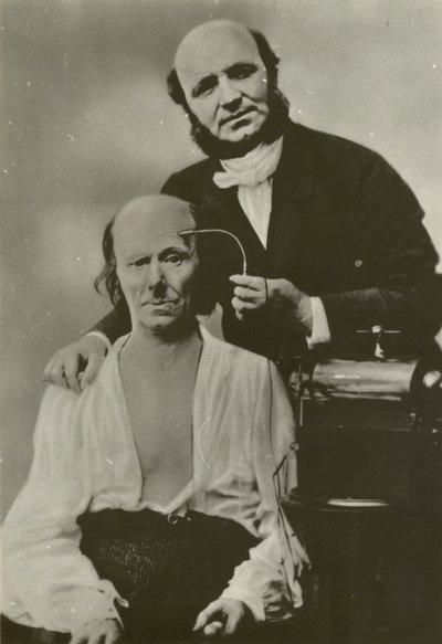 French neurologist Duchenne de Boulogne using his electrophysiology apparatus on an old man by Guillaume Benjamin Armand Duchenne de Boulogne