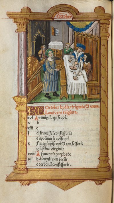 Printed Book of Hours (Use of Rome): fol. 11v, October calendar page by Guillaume Le Rouge