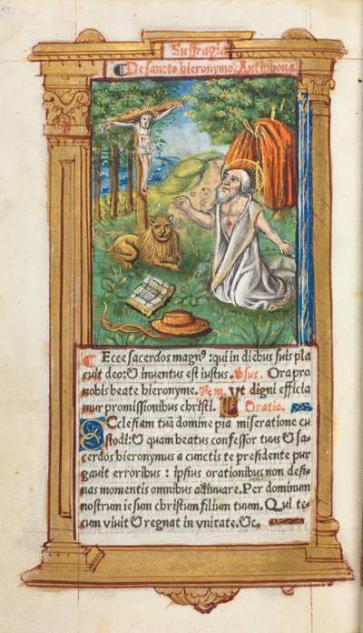 Printed Book of Hours Use of Rome: fol. 107v, St. Jerome and the Lion by Guillaume Le Rouge
