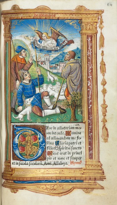 Printed Book of Hours Use of Rome: fol. 36r, Annunciation to the Shepherds, 1510 by Guillaume Le Rouge
