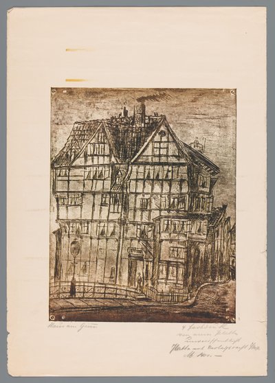 Reproduction of a Print or Drawing with View of an Old House, Possibly in Greiz, Germany by Gustav Digel (signed by artist)