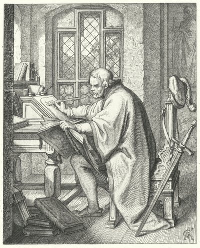 Martin Luther begins the translation of the Bible at Wartburg castle by Gustav Ferdinand Leopold Konig