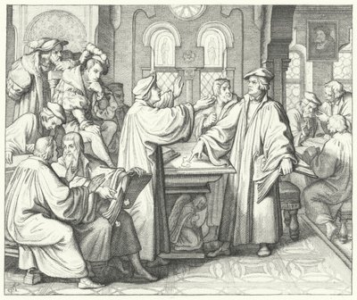 Martin Luther discussing the sacrament with Huldrych Zwingli by Gustav Ferdinand Leopold Konig