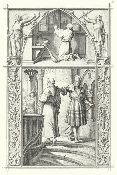 Martin Luther in prayer as he prepares for the Diet of Worms. Georg von Frundsberg gives encouragement to Martin Luther by Gustav Ferdinand Leopold Konig
