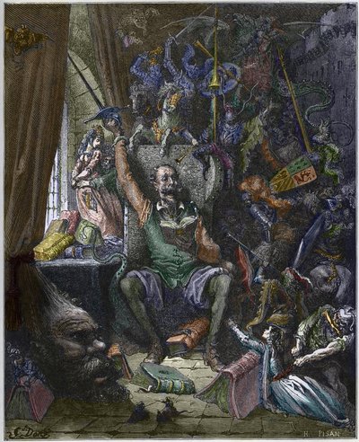 Don Quixote in his study surrounded by the phantoms of his daydreams - Don Quixote de la Mancha by Miguel Cervantes engraved by Heliodore Joseph Pisan after drawing by Gustave Dore by Gustave (after) Dore