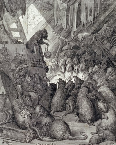 The Council Held by the Rats, from the Fables of La Fontaine, engraved by Antoine Valerie Bertrand (b.1823) c.1868 by Gustave (after) Dore