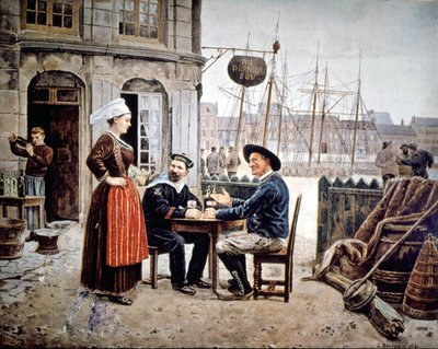 2 men (a sailor and a Breton fisherman) in a bar chatting with a Breton waitress, Saint Malo by Gustave Bourgain