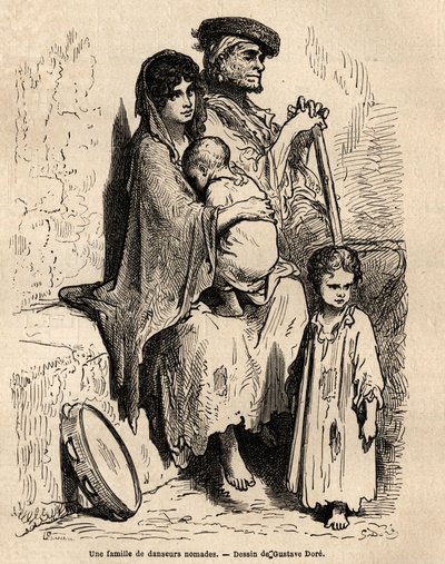 A family of nomadic dancers resting in the streets of Seville. Sketch taken on the live by Gustave Dore. Engraving to illustrate the voyage in Spain, in 1862 by Charles Davillier and Gustave Dore, in Le tour du monde, nouveau journal des voyages by Gustave Dore