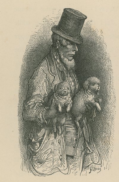 A Man Wearing a Top Hat While Holding Two Dogs in His Hands by Gustave Dore