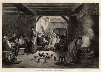 A Sale (Inn) in Estremadure, Welcoming Workers and Travellers as Well as Various Pets. Engraving to Illustrate the Voyage to by Gustave Dore