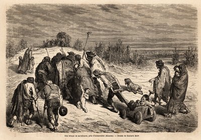 A Troupe of Beggars and Infirm, a Veritable Court of Miracles, is Headed for a Diligence to Ask for Alms in the Vicinity of Almuradiel (Mancha Province). Drawing by Gustave Dore (1832-1883). Engraving to Illustrate the Voyage in Spain, in 1862 by Charles by Gustave Dore