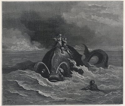 Alcina and Renaud carrying Astolfo on the back of a whale (Orlando Furioso) by Ludovico Ariosto (engraving) by Gustave Dore