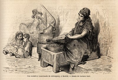 An open-air chestnut merchant, with her portable oven, sketch on the vivid in the Puerta del Sol, in Madrid. Engraving by Gustave Dore (1832-1883) to illustrate his trip to Spain, with Ch. Davillier (editor), in 1862, published in 