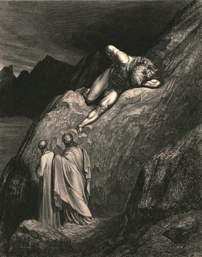 And there at point of the disparted ridge lay stretched the infamy of Crete by Gustave Dore