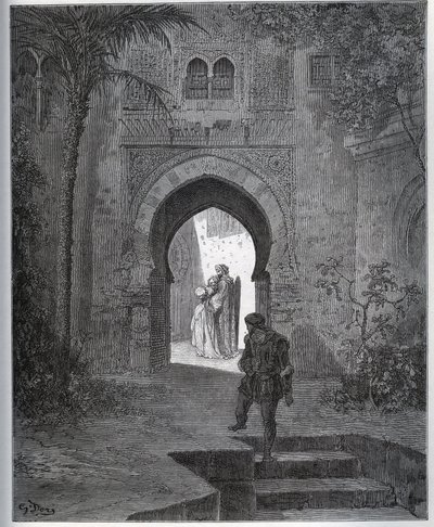 Captive Story. First Encounter of the Captive with Zoraide in the Garden of the Father, Who Brings Her Back After His Malaise Feint - from "Don Quixote de la Mancha" by Miguel Cervantes by Gustave Dore