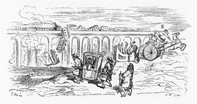 Cartoon of “modern” transport by Gustave Dore around 1850: 2 trains hit each other and a passenger train derails and falls from the top of a bridge; a carriage is divided into 2 and overturns after the horse pulling it has been packed; only the wheelchair  by Gustave Dore