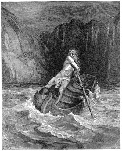 Charon the ferryman rowing to collect Dante and Virgil, to carry them across the Styx by Gustave Dore