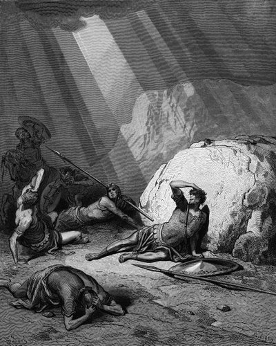 Conversion of St Paul on the Road to Damascus. Acts 9. From Gustave Dore Bible 1865-1866. Wood Engraving. Power of God Depicted as a Shaft of Light. by Gustave Dore