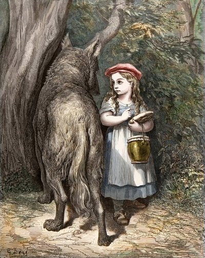 Crossing the Woods, Little Red Riding Hood Meets the Wolf. Engraving by Gustave Dore from 