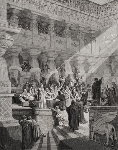 Daniel Interpreting the Writing on the Wall, Daniel 5:25-28, illustration from Dore
