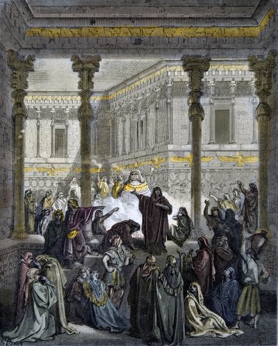Daniel confounding the priests of Baal - engraving in “The Bible Illustrated” by Gustave Dore - Engraving from “The Dore Bible” by Gustave Dore