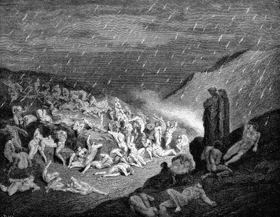 Dante and Virgil looking down upon souls in torment in the inferno by Gustave Dore
