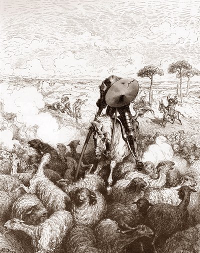 Don Quixote Attacks the Flock of Sheep (Engraving by Gustave Dore for 