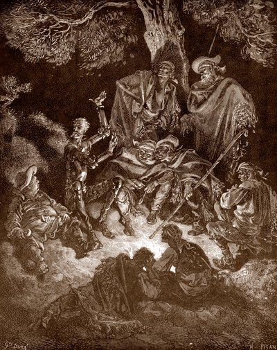 Don Quixote and Sancho Panza with the Goatherds, Engraving by Gustave Dore for 
