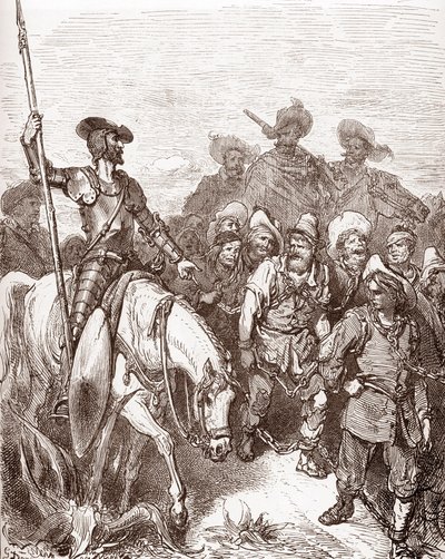 Don Quixote and Sancho Panza Interrogate the Criminals Being Led to the Galleys (Engraving by Gustave Dore for 