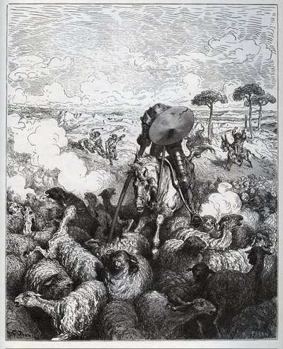 Don Quixote attacks a herd of sheep, believing he was dealing with the army of Alibanfaron of Taprobana - from 