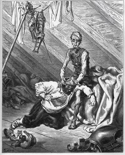 Don Quixote Makes Sancho Panza Taste His Precious Sense Balm Heal Them Both of All the Ills - from "Don Quixote de la Mancha" by Miguel Cervantes by Gustave Dore