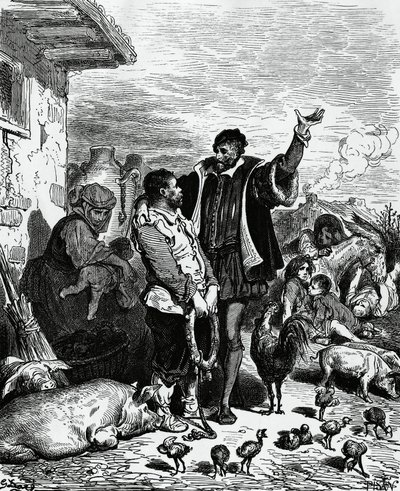 Don Quixote taking Sancho Panza from his home and pronouncing him governor, illustration by Gustave Dore for 1880 edition of Don Quixote by Miguel de Cervantes Saavedra by Gustave Dore
