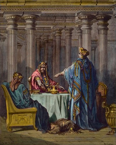 Esther accusing Haman (biblical scenes, wood engraving by Gustave Dore - later colouring) by Gustave Dore
