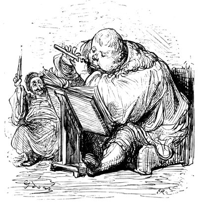 Gargantua Education: The Young Gentleman Learns to Play Flute with His Music Teacher. Engraving by Gustave Dore Illustrating the Work of Rabelais. by Gustave Dore
